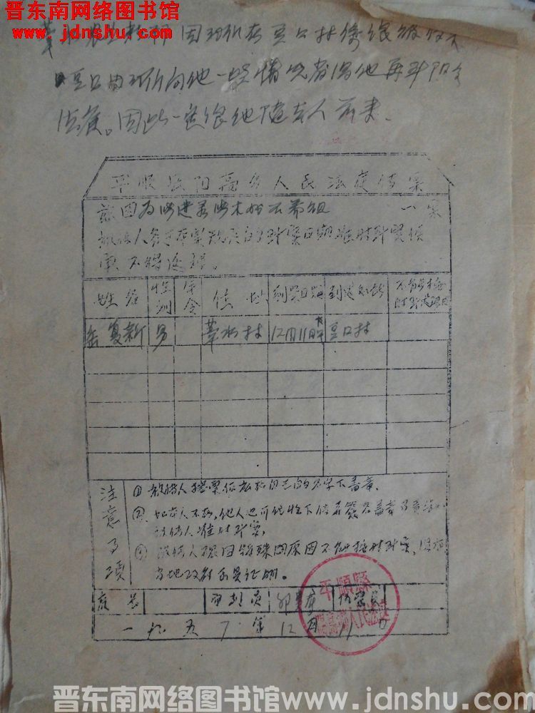 平顺县阳高乡人民法庭传票（19571211）：岳复新