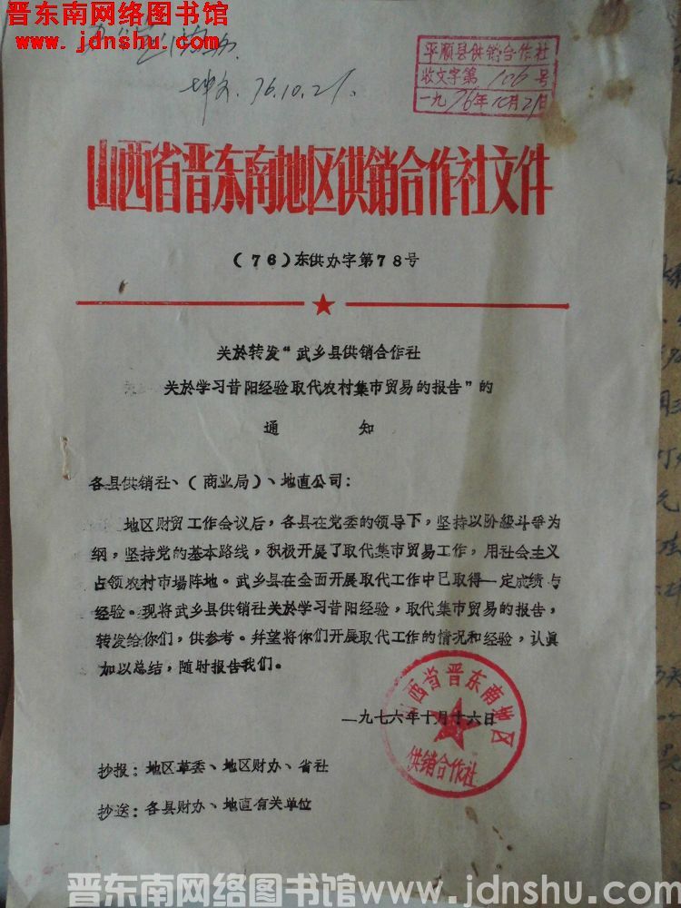 山西省晋东南地区供销合作社文件（76）东供办字第78号：关于转发“武乡供销合作社关于学习昔阳经验取代