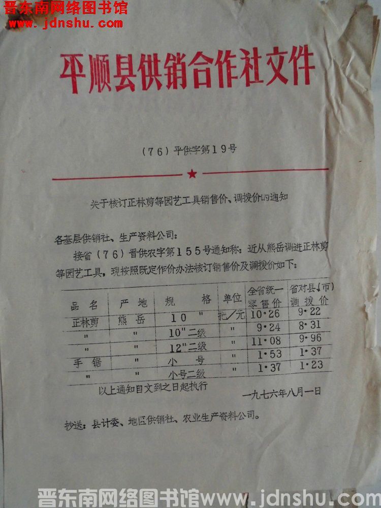 平顺县供销合作社文件（76）平供字第19号：关于核订正林剪等园艺工具销售价、调拨价的通知