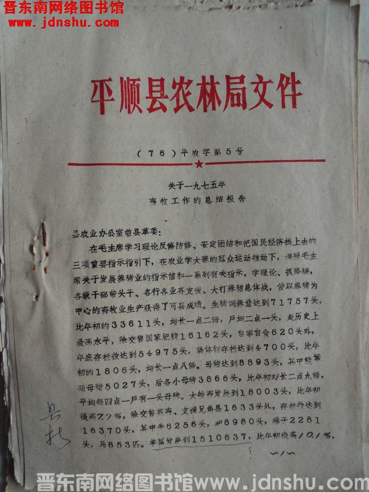 平顺县农林局文件（76）平农字第5号：关于一九七五年畜牧工作的总结报告
