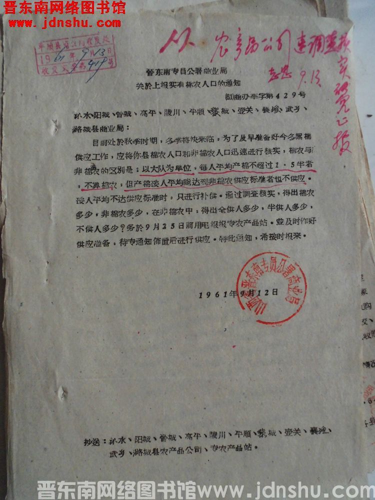 晋东南专员公署商业局关于上报实有棉农人口的通知（61）商办李字第429号