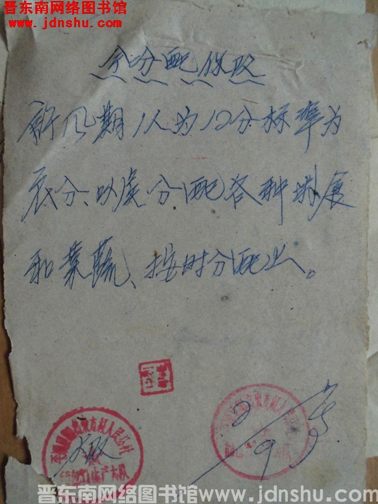 平顺县阳高东方红人民公社狮包口生产大队分配人员（0902）