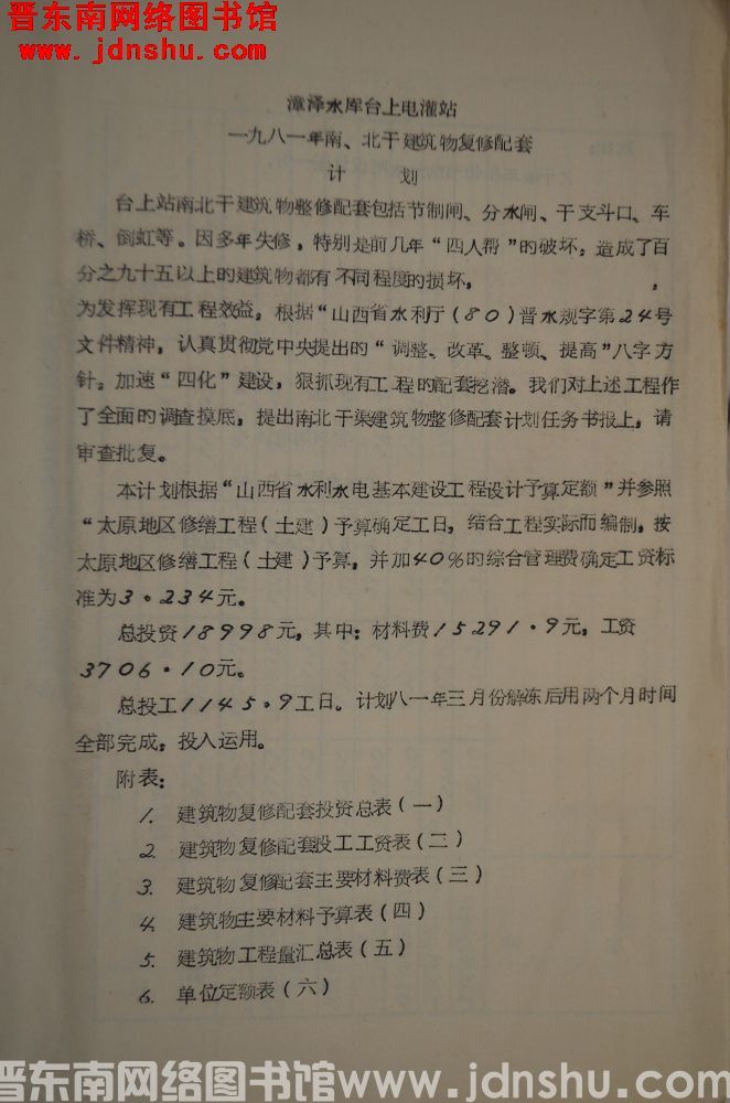 漳泽水库台上电灌站一九八一年南、北干建筑物复修配套计划（19801015）