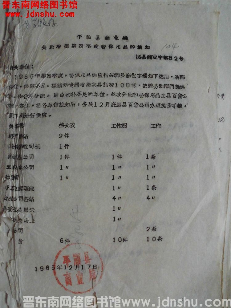平顺县商业局关于增拨第四季度劳保用品的通知（65）县商业字第82号