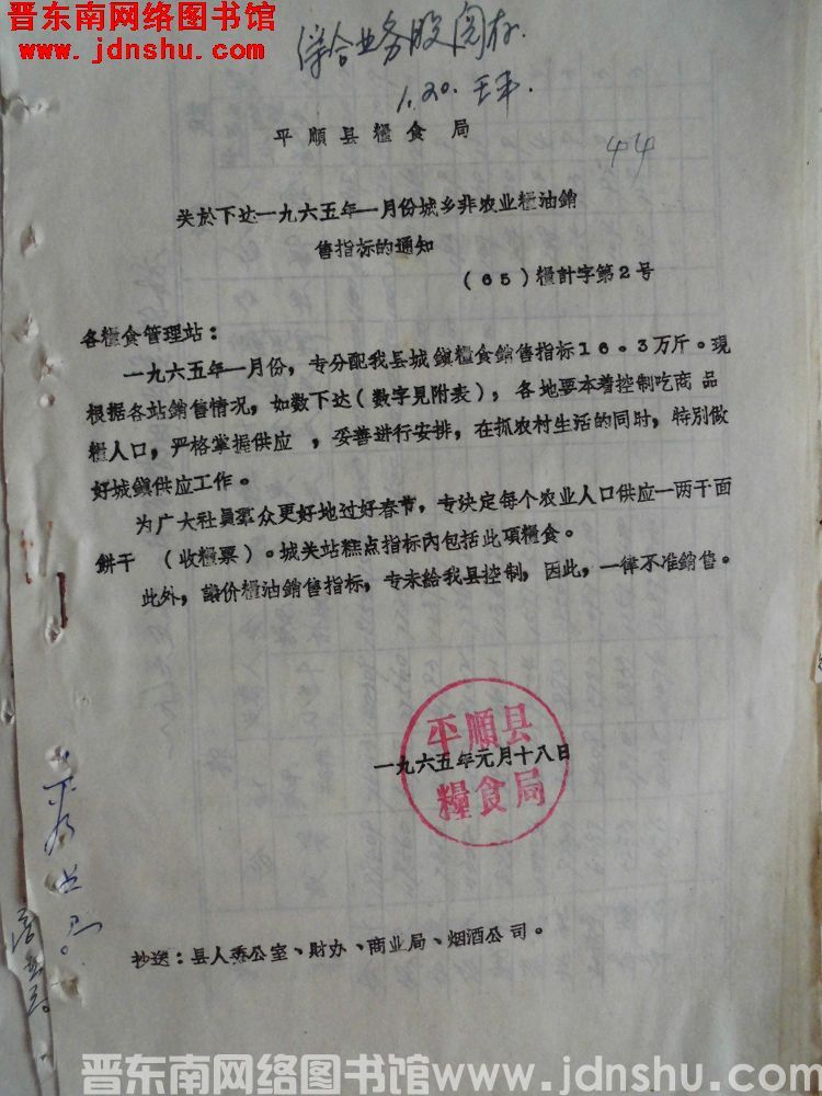 平顺县粮食局关于下达一九六五年一月份城乡非农业粮油销售指标的通知（65）粮计字第2号