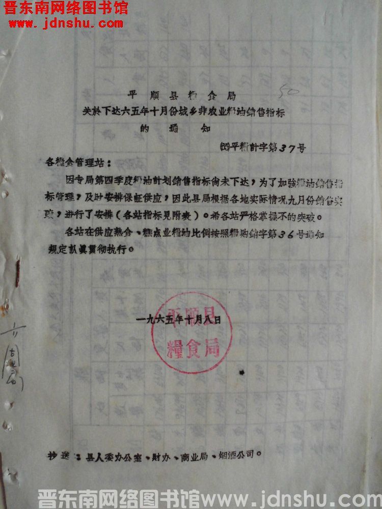 平顺县粮食局关于下达六五年十月份城乡非农业粮油销售指标的通知（65）平粮计字第37号