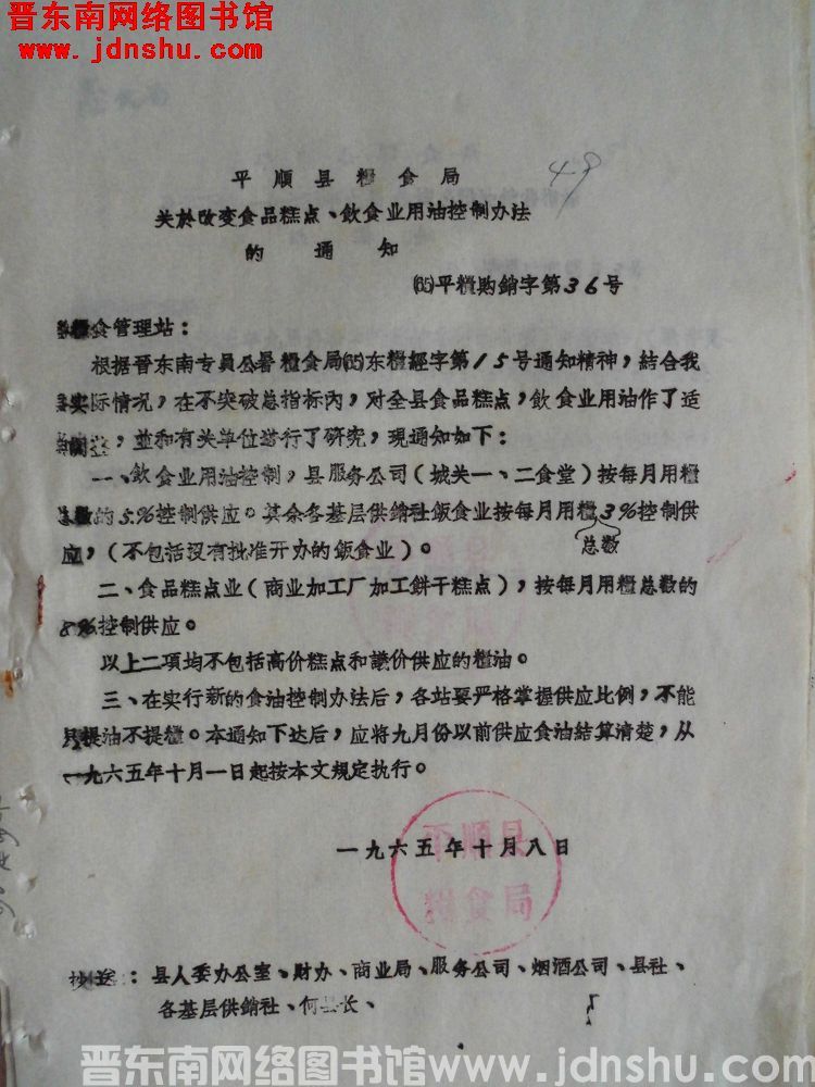 平顺县粮食局关于改变食品糕点、饮食业用油控制办法的通知（65）平粮购销字第36号