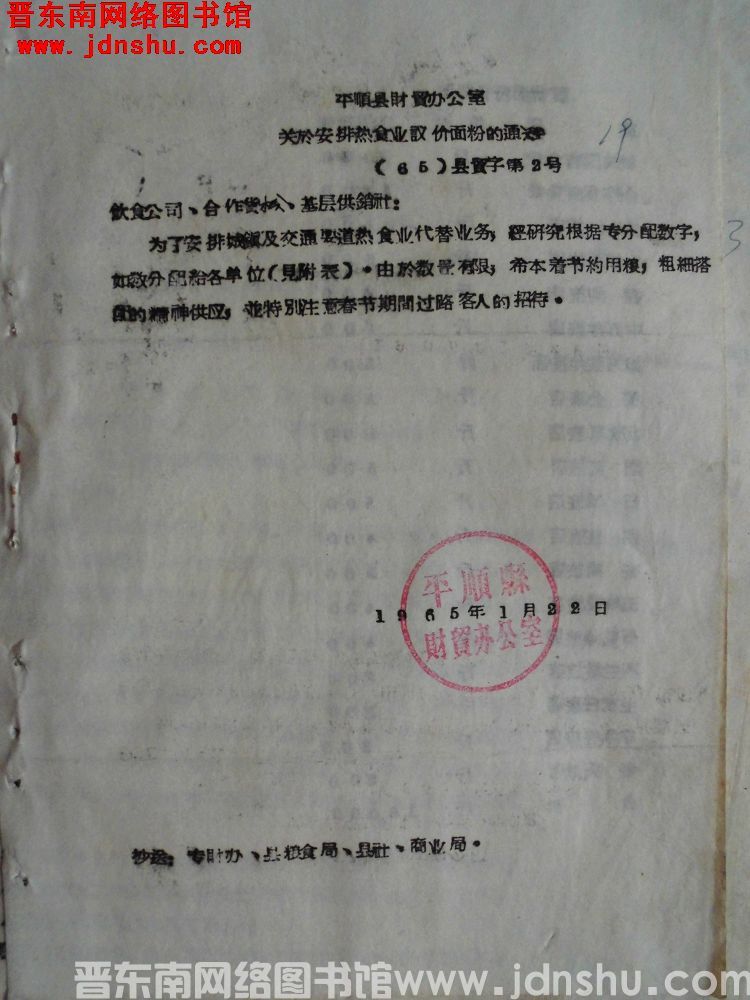 平顺县财贸办公室关于安排热食业议价面粉的通知（65）县贸字第2号