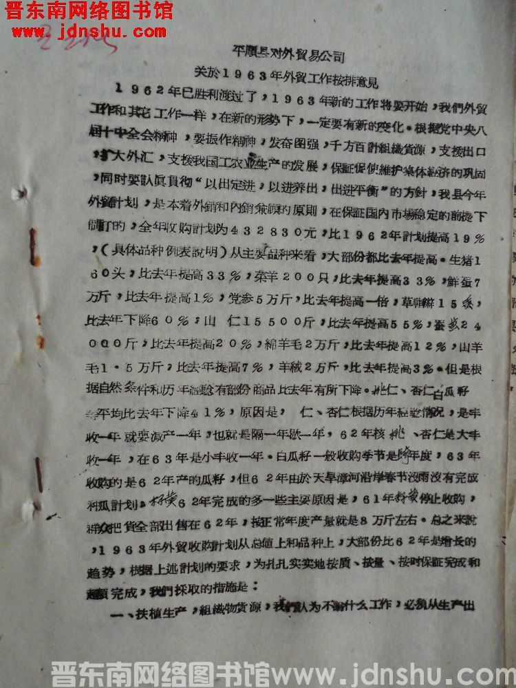 平顺县对外贸易公司关于1963年外贸工作安排意见（19630101）