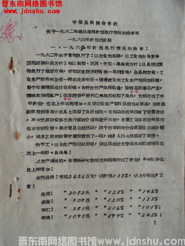 平顺县供销合作社关于一九六二年商品流转计划执行情况的检查和一九六三年计划的安排（19630211）