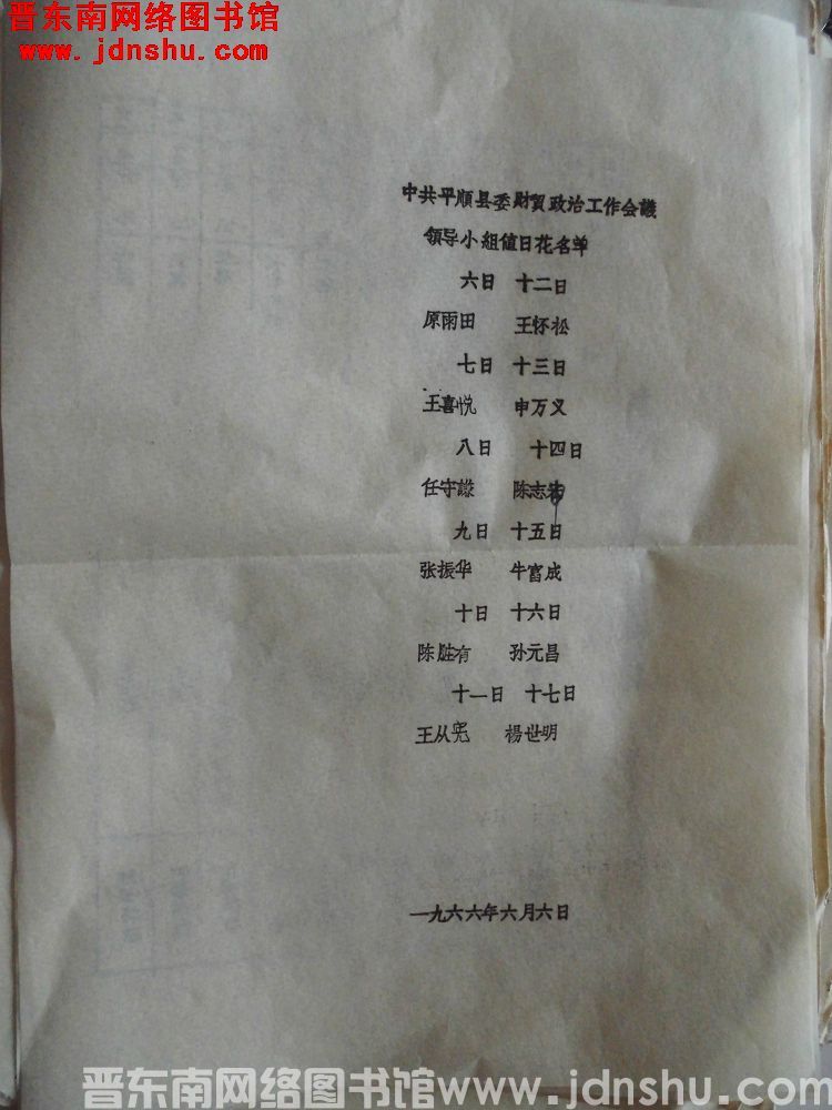 中共平顺县委财贸政治工作会议领导小组值日花名单（19660606）
