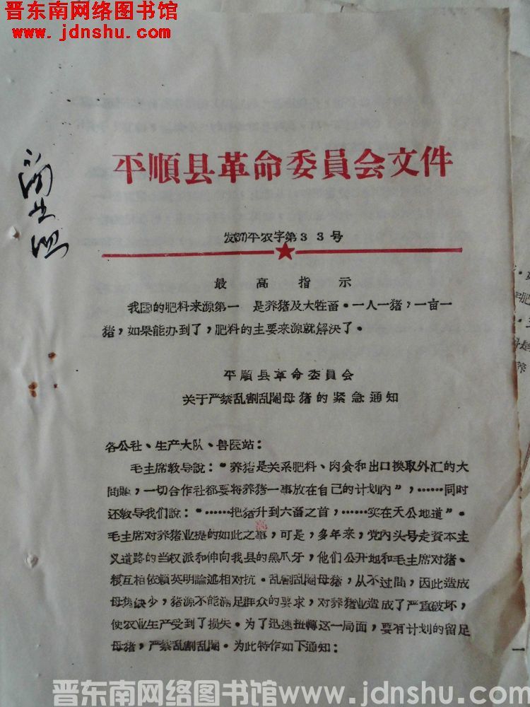 平顺县革命委员会文件 发（67）平农字第33号：平顺县革命委员会关于严禁乱割乱阉母猪的紧急通知