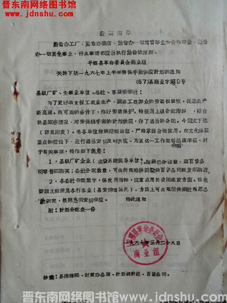 平顺县革命委员会商业组关于下达一九六七年上半年劳保手套供应计划的通知（67）县商业字第10号