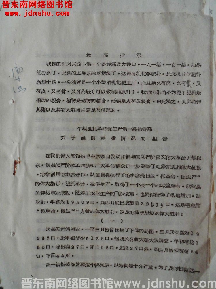平顺县抓革命促生产第一线指挥部关于当前养猪情况的报告（19670518）