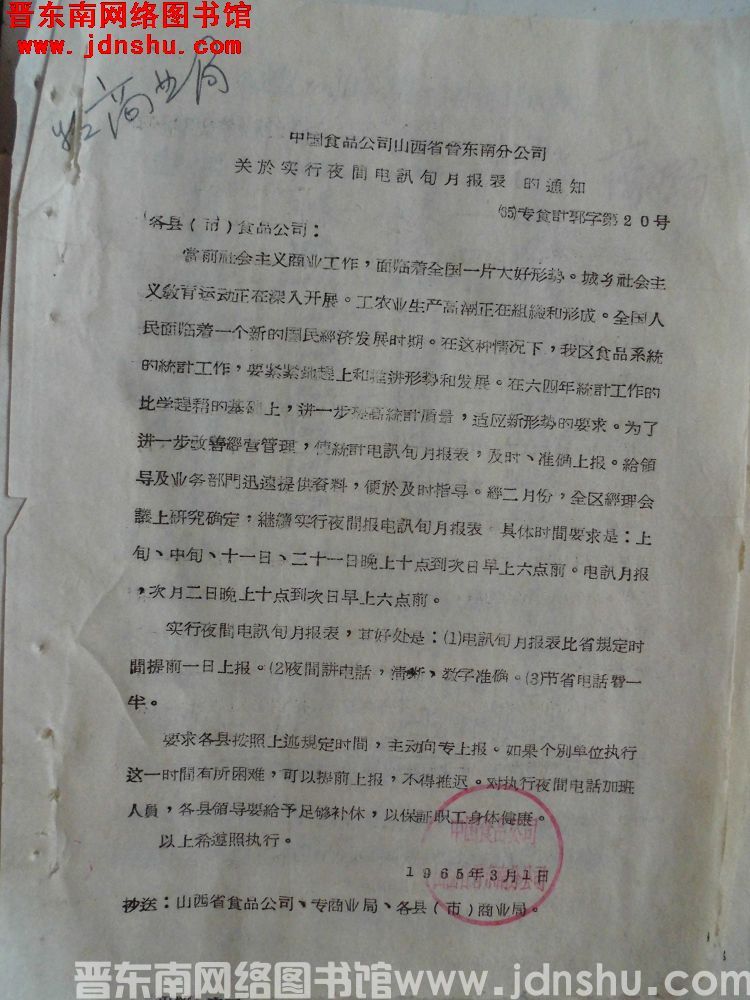 中国食品公司山西省晋东南分公司关于实行夜间电讯旬月报表的通知（65）专食计郭字第20号